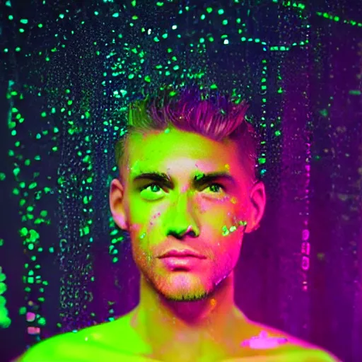 Image similar to human portrait made out of neon rain, handsome, epic detail, rendered in octane, unreal engine