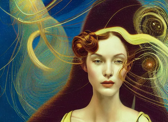 Image similar to portrait of a woman with swirling hair, illustration by James C. Christensen, retrofuturism, reimagined by industrial light and magic