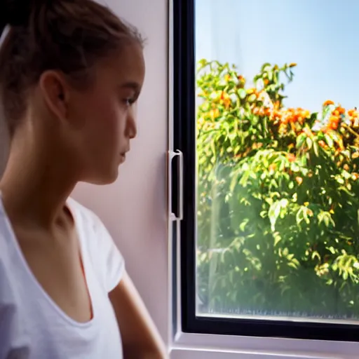 Prompt: close - up on an air - conditioning with a blurred background of a teenager girl lying in a bed in a white room and a window overlooking a garden of orange trees, blurred, depth of field, unframed, hasselblad, 8 k hyper realistic detailed cinematic still