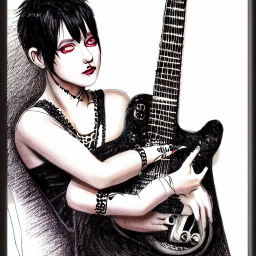 Prompt: beautiful goth girl with short black hair playing an electric guitar sitting on a chair, 8k, super detailed, extremly detailed face, sharp, drawing, illustration