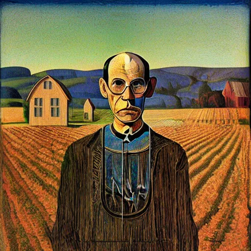 Image similar to robot portrait farmland, grant wood, american gothic from grant wood style