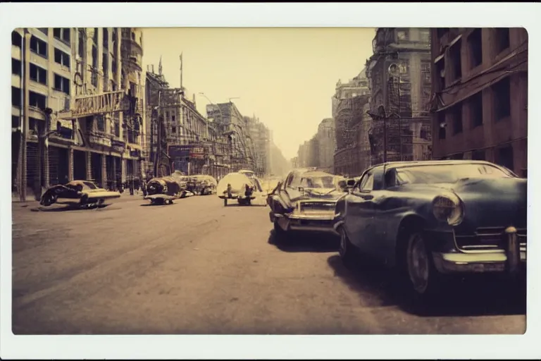 Prompt: polaroid of a well succeeded communist country, with retro futurist cars and streets, wide angle, sunlight, award winning