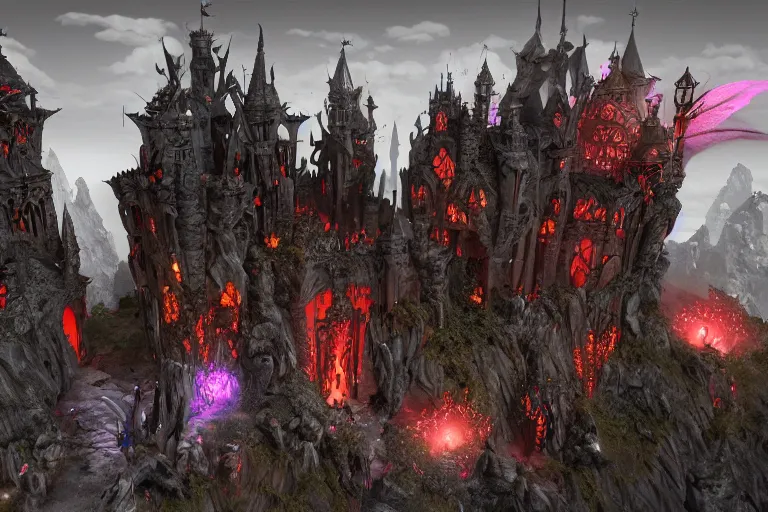 Image similar to big evil fairy castle - city rock dark shadow elves, might and magic heroes 7, dark fantasy, shadows, artstation trending, unreal engine 5, red