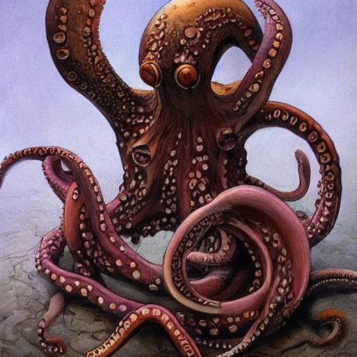 Image similar to torso portrait of an octopus warrior mushroom, by Gerald Brom on Artstation