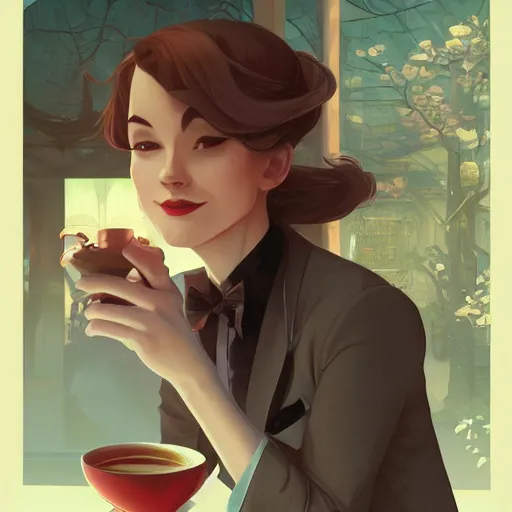 Image similar to a weasel in a suit was drinking tea, surrounded by tea houses ambient lighting, 4 k, lois van baarle, ilya kuvshinov, rossdraws, alphonse mucha, jung gi kim, artstation
