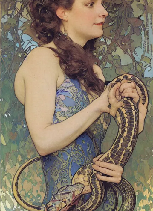 Image similar to an art nouveau copic maker portrait of a woman with a snake by john berkey by stanley artgerm lau, alphonse mucha, loish, norman rockwell