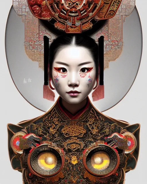 Image similar to portrait of a machine, machine face, upper half portrait, decorated with chinese opera motifs, asian, bian lian, traditional chinese art, intricate, elegant, highly detailed, symmetry, digital painting, artstation, concept art, smooth, sharp focus, illustration, art by artgerm and greg rutkowski and alphonse mucha, 8 k