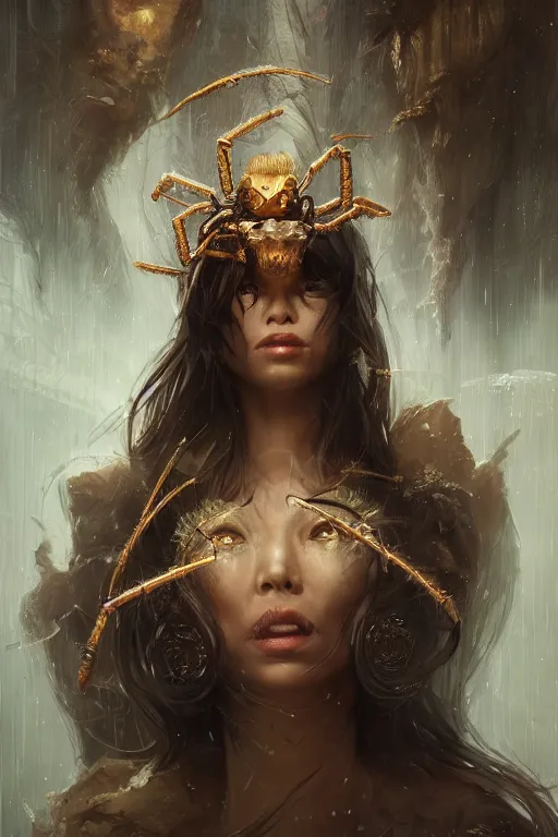 Image similar to a fancy portrait of a spider queen by Greg Rutkowski, Sung Choi, Mitchell Mohrhauser, Maciej Kuciara, Johnson Ting, Maxim Verehin, Peter Konig, final fantasy , mythical, 8k photorealistic, cinematic lighting, HD, high details, atmospheric,