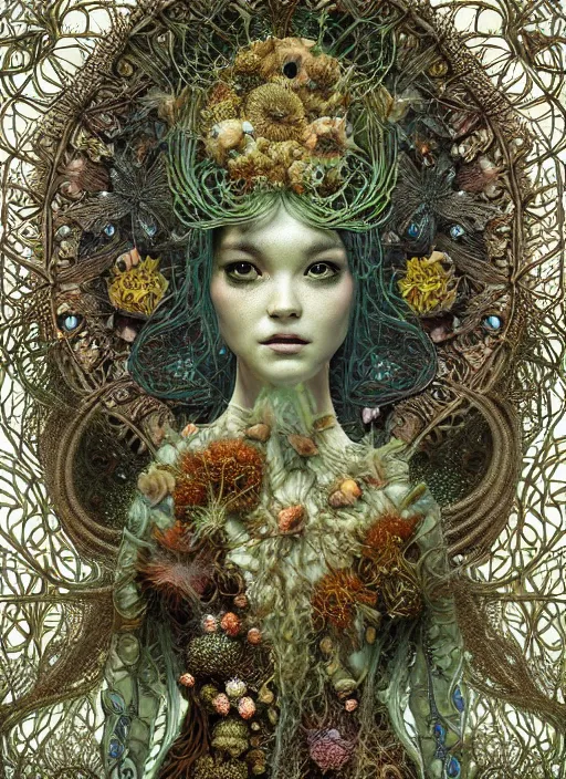 Prompt: a mushroom queen in her 3 d bioluminescent radically alive world of fungal fractals and butterflies, intricate mycelial lace, fractalpunk, rococo, ultra detailed, intricate details, ornate, hyperrealistic, octane render, inspired by ross tran & james jean & android jones & william morris & ernst haeckel & alphonse mucha