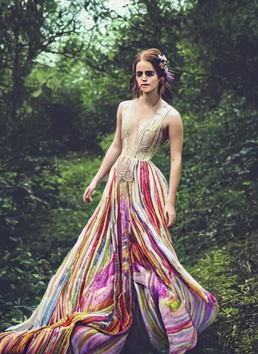 Image similar to Emma Watson for Victorian Secret, perfect face, hot summertime hippie, psychedelic Wedding Dress, full length shot, XF IQ4, 150MP, 50mm, f/1.4, ISO 200, 1/160s, natural light, Adobe Photoshop, Adobe Lightroom, DxO Photolab, Corel PaintShop Pro, rule of thirds, symmetrical balance, depth layering, polarizing filter, Sense of Depth, AI enhanced