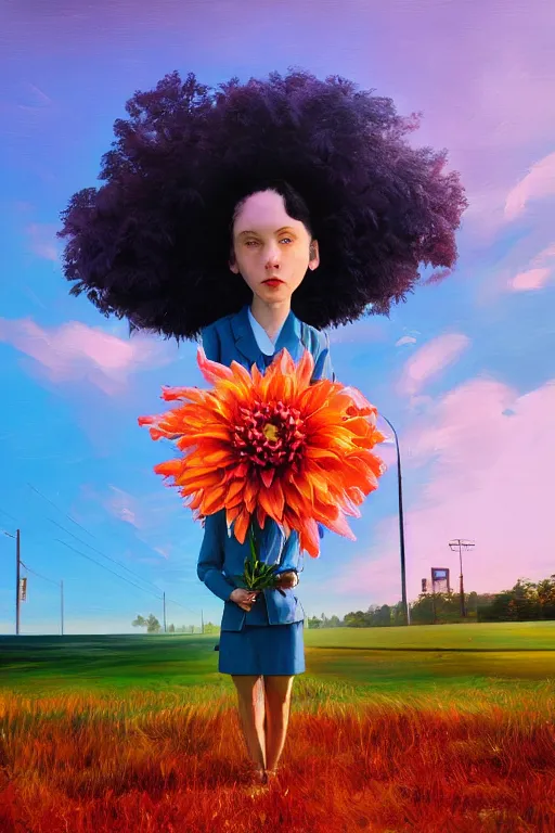 Image similar to closeup giant dahlia flower head, girl in a suit, street, surreal photography, blue sky, sunrise, dramatic light, impressionist painting, digital painting, artstation, simon stalenhag