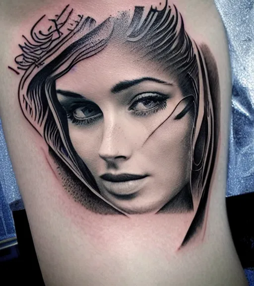 Image similar to tattoo design sketch of an extremely beautiful woman face with a background of beautiful mountains on her side, hyper - realistic, double exposure effect, in the style of den yakovlev, amazing detail, black and white, faded