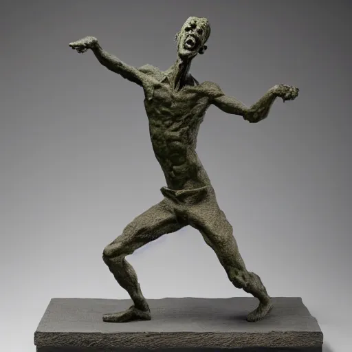 Image similar to sculpture of a cowering man, in the style of alberto giacometti