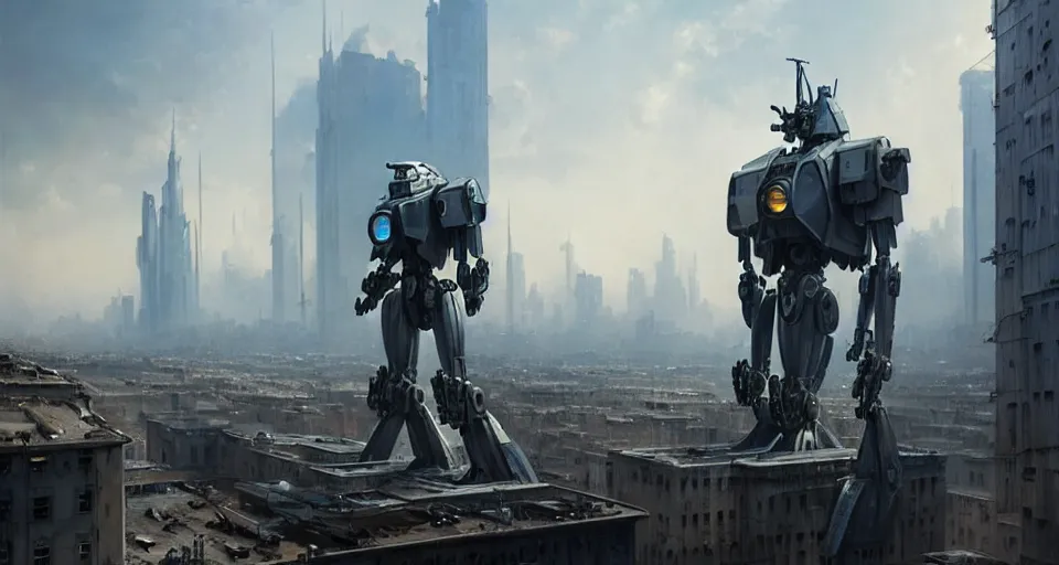 Image similar to hyper realistic sci - fi matte concept art painting of mecha standing on top of a building overlooking war in the streets, beautiful details, strong composition painted by kim jung guweta studio rutkowski, james gurney and greg rutkowski, and lucasfilm, smooth, intricate, detailed, sharp focus, cinematic