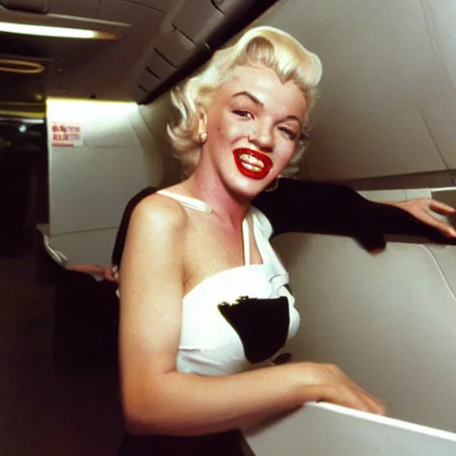 Image similar to DSLR 35mm film photography of marilyn monroe as a flight attendant in 1998