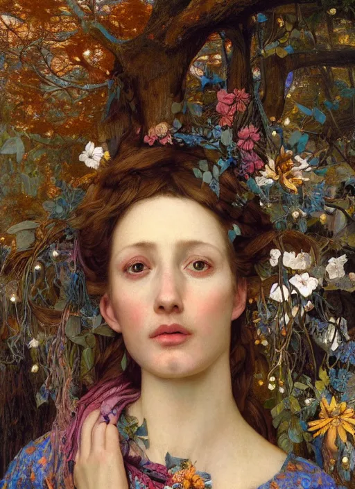 Prompt: portrait of a beautiful woman in in a forrest, wearing a scarf with colourful intricate psychodelic patterns, by edgar maxence and caravaggio and michael whelan and delacroix style, artistic, intricate drawing, light brazen, realistic fantasy, extremely detailed and beautiful aesthetic face, establishing shot, 8 k resolution, dramatic lighting