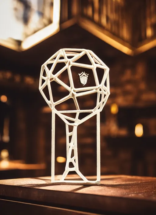 Image similar to a reflective symmetrical polyhedral 3 d printed steel engineering trophy at a high end bar in a medieval themed castle in golden afternoon light, professional food photography