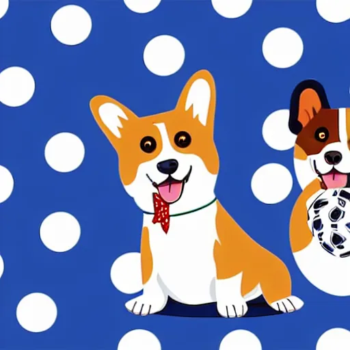 Image similar to illustration of french boy in paris playing football against a corgi who is wearing a polka dot scarf