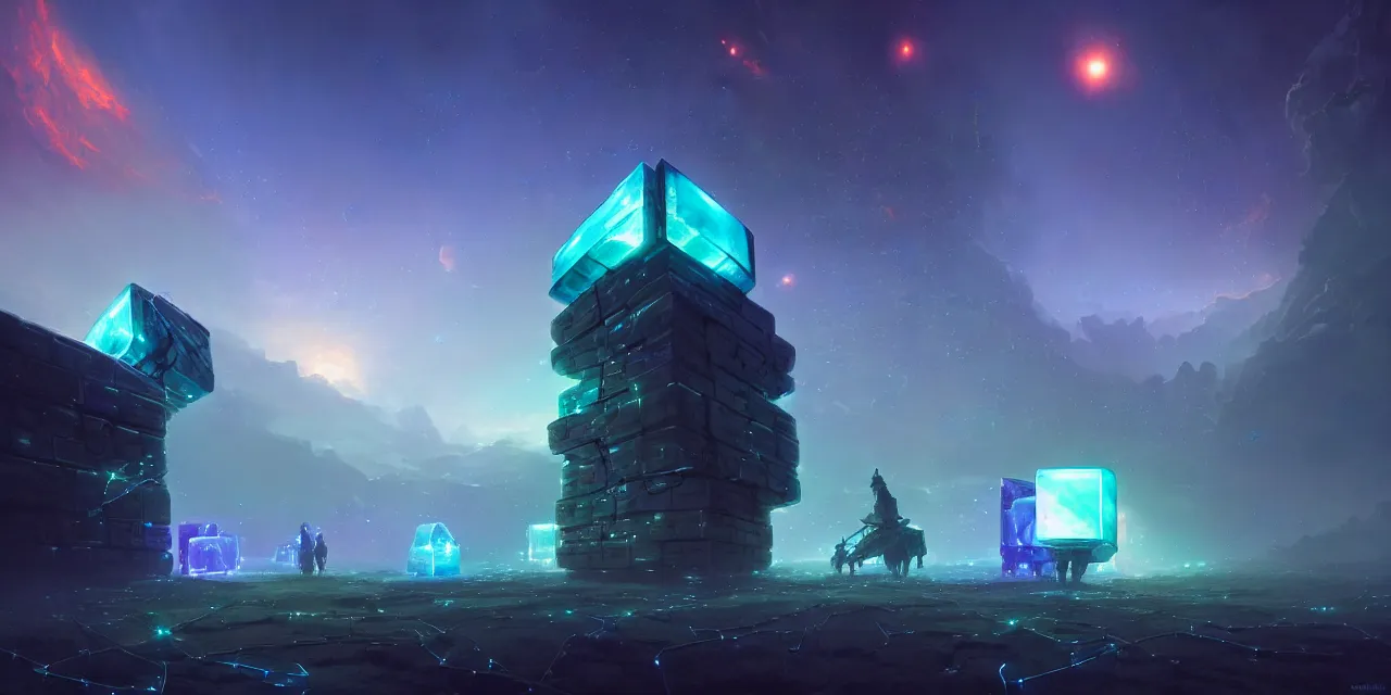 Image similar to a fleet of giant glowing futuristic cubes tied to each other with chains in the sky, a fantasy magical landscape seen in the distance, atmospheric lighting, intricate, volumetric lighting, beautiful, sharp focus, ultra detailed, in the art style of marc simonetti, bowater charlie and brom gerald, astrophotography