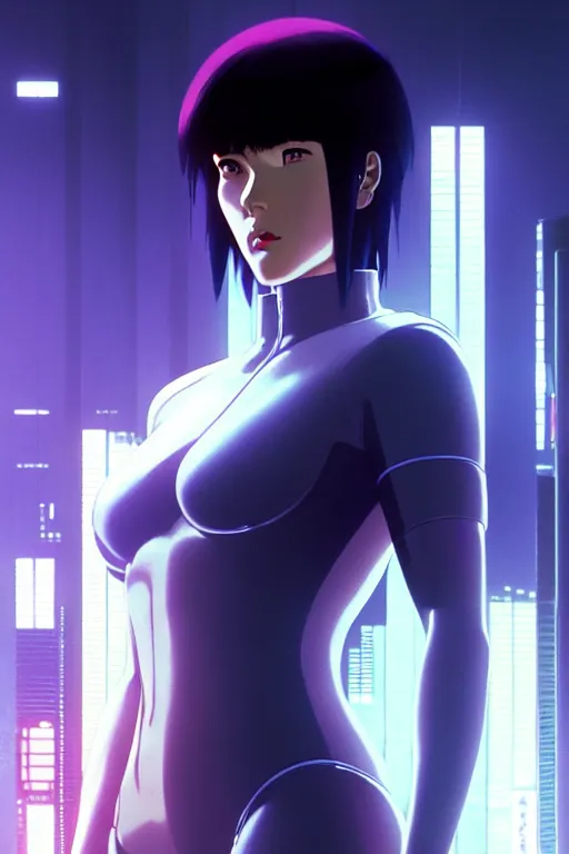 Image similar to a film still portrait of a motoko kusanagi ghost in the shell, finely detailed features : : gits sac twenty forty five netflix : : by ilya kuvshinov, rossdraws, artgerm, sola digital arts, octane render, production ig, volumetric lighting, anti aliasing, raytracing : :