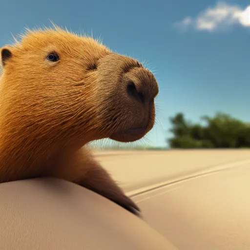 Prompt: capybara sitting in a convertible, octane render, photorealism, cgsociety