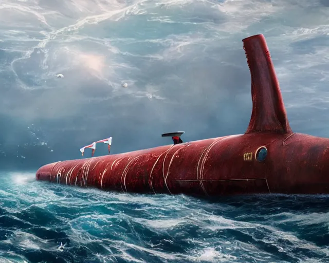 Image similar to long side view of complete jules verne submarine with portholes with a giant squid attacking it, 8k resolution