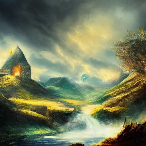 Prompt: fantasy book cover painting, dramatic shot of a lively landscape in the country, ultradetailed, wallpaper, 4k, prismatic