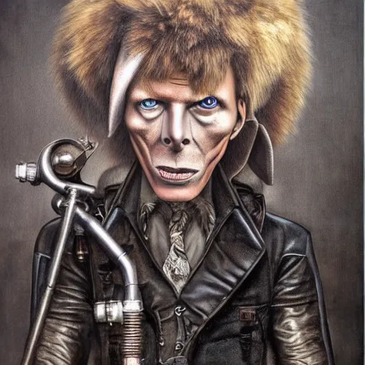 Image similar to a hyperrealistic painting of a steampunk david bowie, by john kenn mortensen, highly detailed,