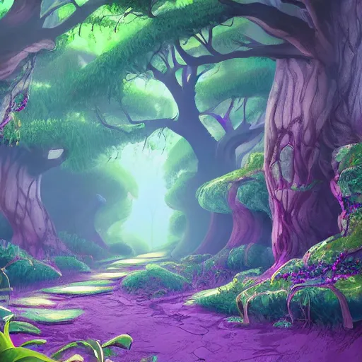 Image similar to wispy woods with purple leaves and otherworldly foliage, a dirt path going down the middle, concept art, detailed, vivid, intricate, 4 k