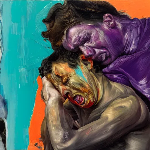 Image similar to high quality high detail painting of two men in agony on the streets of london by lucian freud and jenny saville and francis bacon and malcom liepke and nicola samori, hd, anxiety, two men crying and screaming, turquoise and purple and orange and pink, dark atmosphere