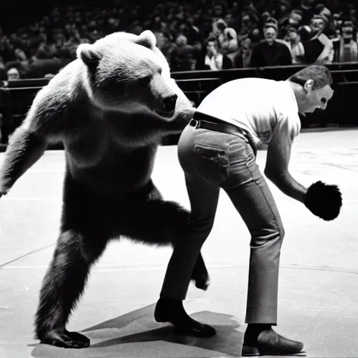 Prompt: maniac marvin mcglory wrestling a bear. madison square garden, 1 9 6 8.