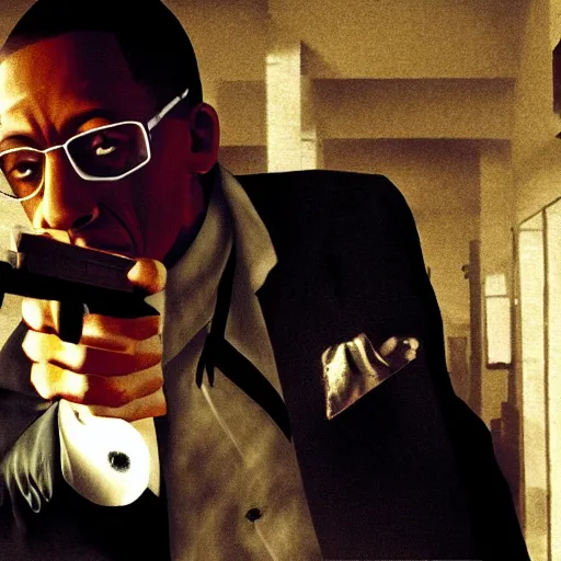 Image similar to film still of gus fring as max payne, iconic max payne 2 look, atmospheric still