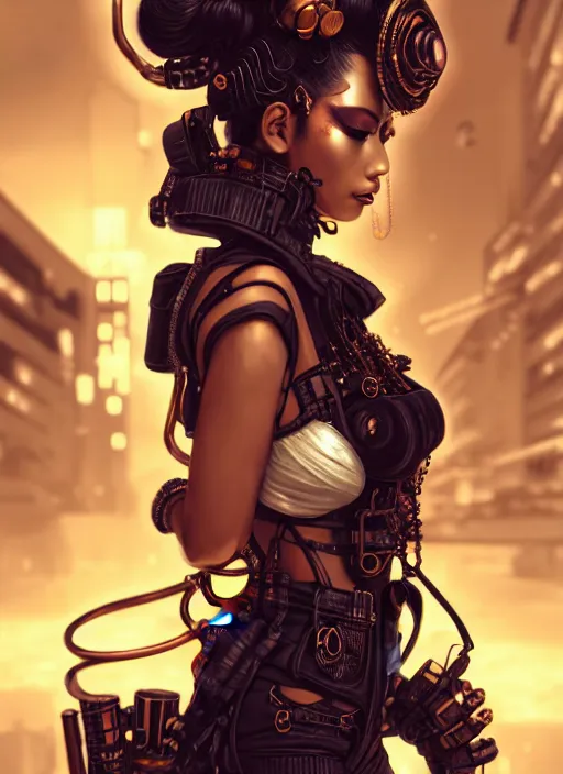 Image similar to soft lustrous ebony geisha seductive raver gutter punk steampunk cyborg, yakuza, golden ratio, details, scifi, fantasy, cyberpunk city, intricate, decadent, highly detailed, octane render, digital painting, artstation, concept art, sharp focus, illustration, art by artgerm, loish, wlop