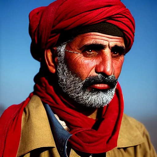 Prompt: portrait of president stavros halkias as afghan man, green eyes and red scarf looking intently, photograph by steve mccurry
