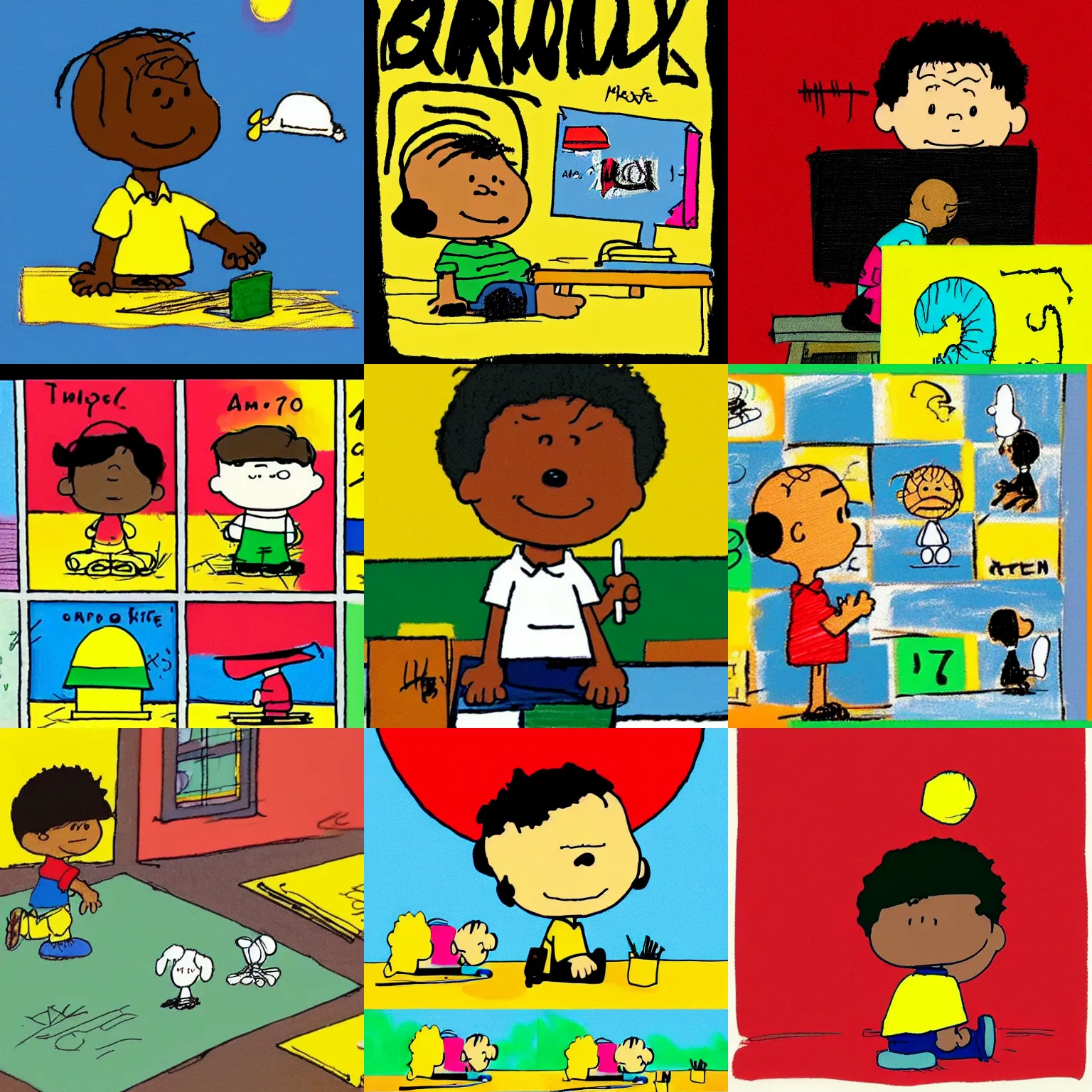 Prompt: a cute simple kid's crayon illustration of a young urban black 👦🏿 boy working at his home computer in his modern office bedroom, artstation, in the style of peanuts by charles m. schulz, by rossdraws and artgerm and studio ghibli and basquiat, masterpiece, hd, award winning, solid color background, red green yellow color scheme