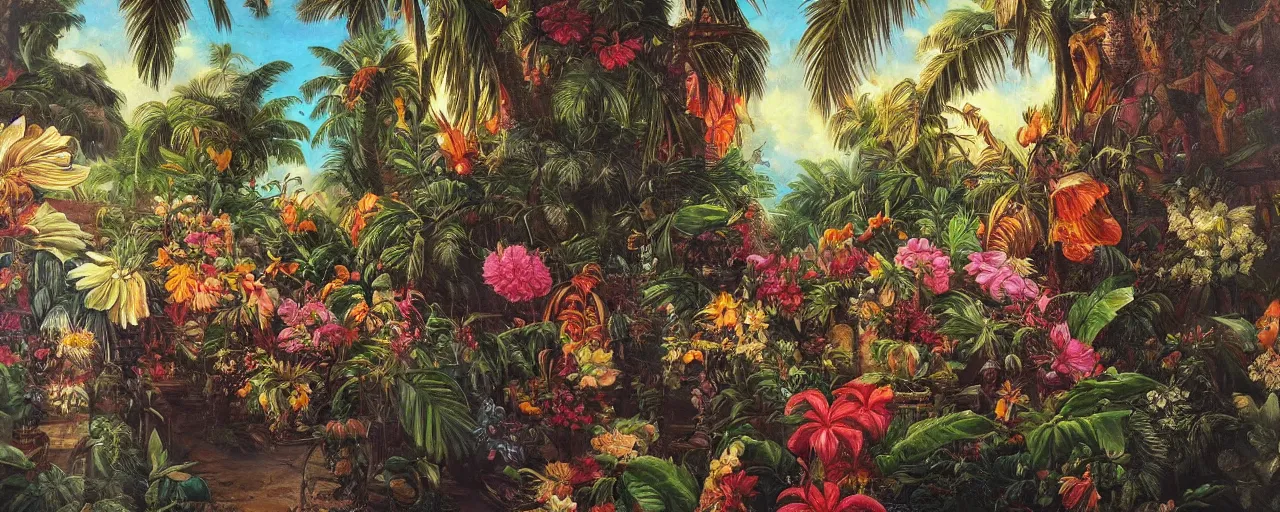 Prompt: a highly detailed oil painting of Tropical Flowers, a view from ground level: elegant, ornate, daytime. this is a beautifully lit scene.