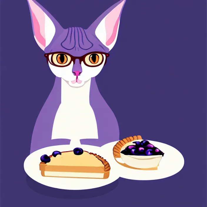 Image similar to an anthropomorphic sphynx cat fursona with big eyes eating a slice of blueberry pie, furry art, cute, minimalist, oil on canvas, soft lighting