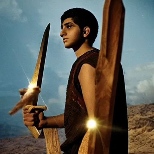 Image similar to handsome 17 year old middle-eastern skinned boy in a Biblical outfit holding a wooden slingshot. Giant Goliath standing with a sword. Epic, cinematic lighting, directed by Ridley Scott