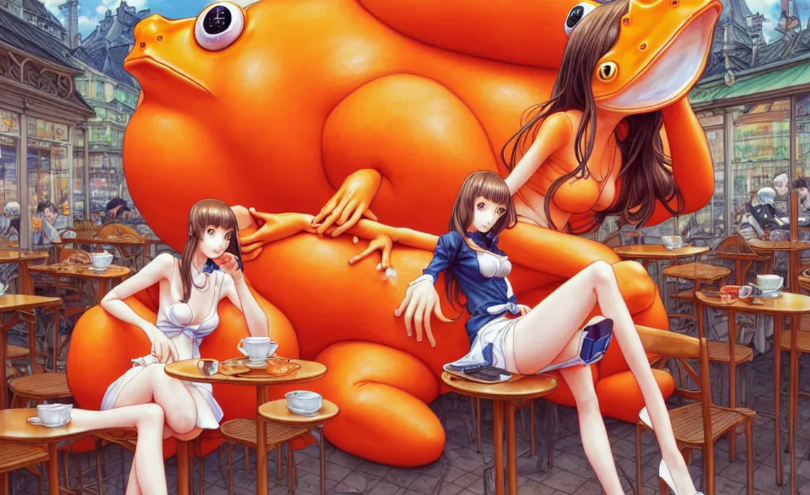 Image similar to a French girl in a café with a giant orange frog. insanely and epically detailed supreme-quality color ink pen artwork, amazingly composed image, illustrated by Range Murata and Artgerm and Stanley Law.