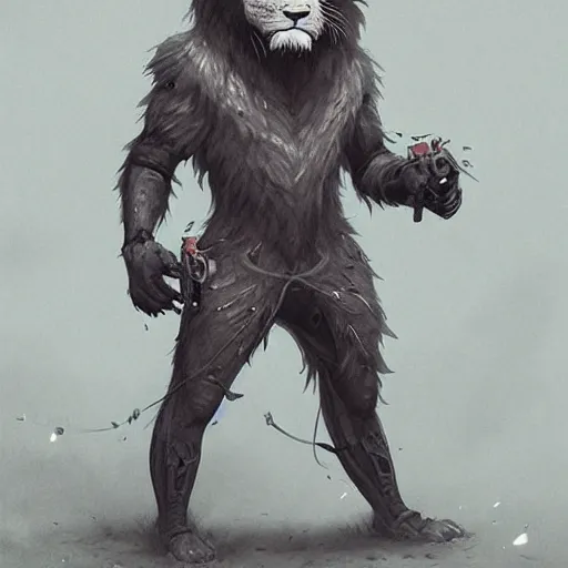 Prompt: Anthropomorphic Lion wearing nano technology by rossdraws,greg rutkowski,and Sarah Andersen,ambient style, very detailed,detailed suit,detailed