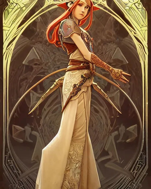 Prompt: legend of Zelda art nouveau, D&D, fantasy, intricate, elegant, highly detailed, digital painting, artstation, concept art, matte, sharp focus, illustration, hearthstone, art by Artgerm and Greg Rutkowski and Alphonse Mucha