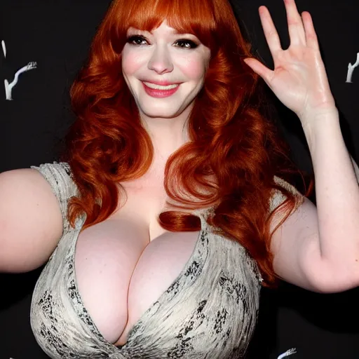 Prompt: christina hendricks hands up,