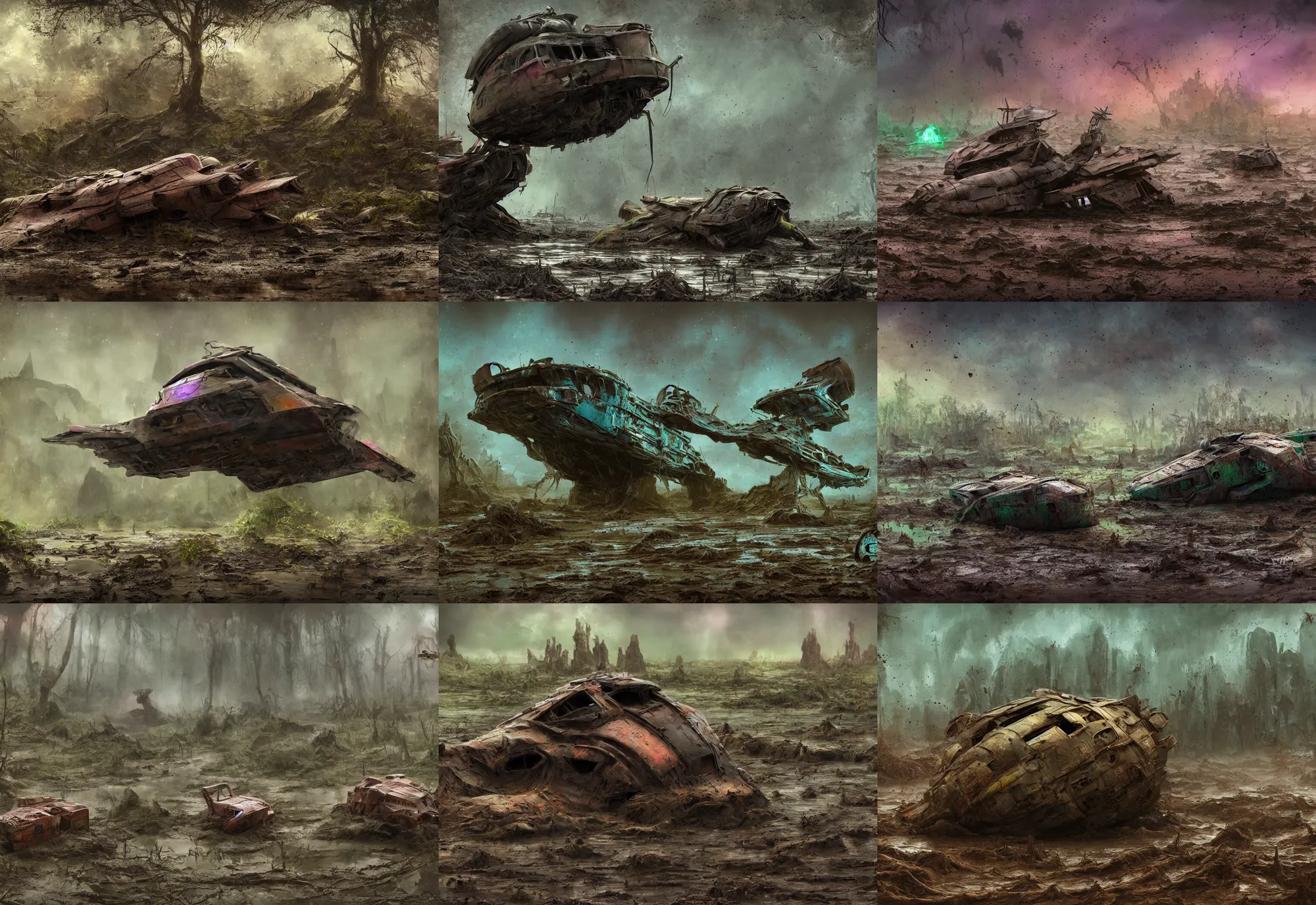 Prompt: matte painting of a crashed very colorful cute alien scout ship covered in mud in a extremely muddy watery swamp, dystopian world, 4 k