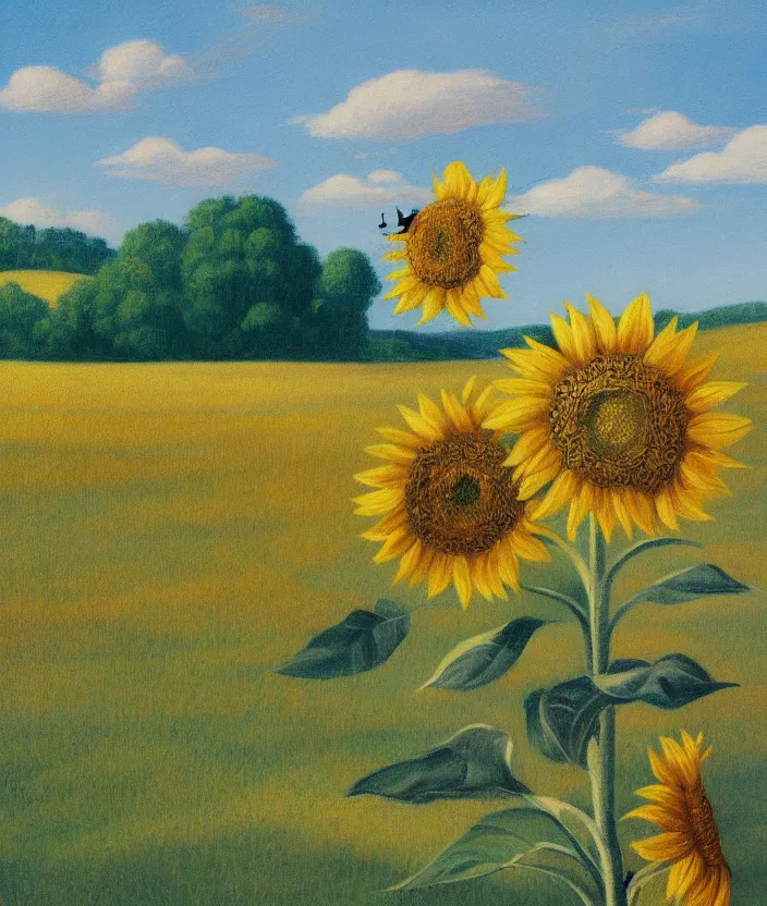 Image similar to a highly detailed painting of a sunflower field and an ufo abducting a cow, very fine brush strokes, baby blue sky with aesthetic clouds, in the style of edward hopper, 4 k,