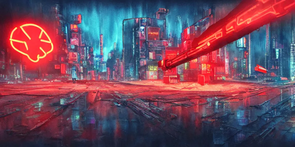 Image similar to landscape of a cyberpunk soviet city with neon hammer and sickle sign, watercolor, ultra realistic, highly detailed, hd, sharp focus, cinematic lighting, mood lighting, realistic, photorealistic, vivid colors, painting, photograph, digital art, non blurry, sharp, artstation, concept art, smooth, illustration