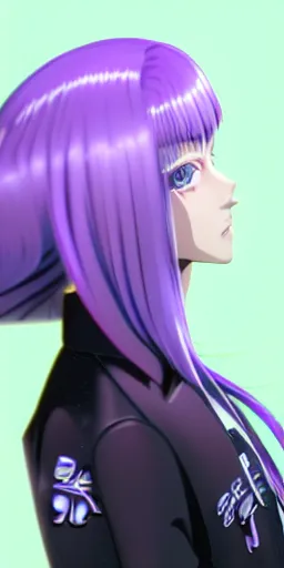 Image similar to a professional portrait of Kyoko Kirigiri, a young adult Japanese woman with long pale light purple hair with bangs, purple eyes, a mysterious expression, black gloves, symmetrical features, realistic 8k professional photography, midday lighting, mystery and detective themed, octane, volumetric lighting, 70mm