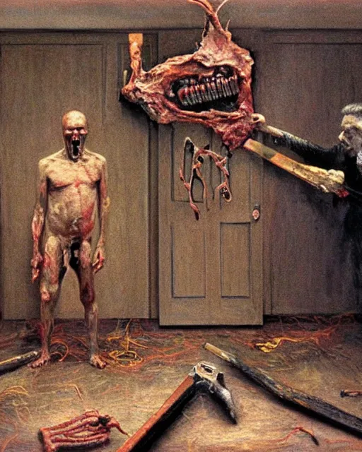 Prompt: realistic detailed image of a ribcage and a crying man holding a hammer in style of Francis Bacon and Willem de kooning, interior room, messy living room. Still from 1982 movie The Thing. Beksiński Masterpiece