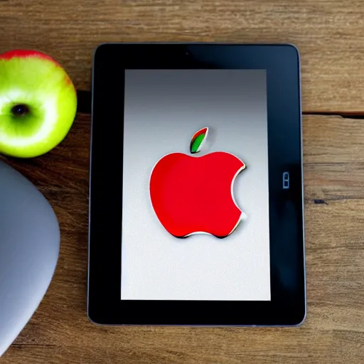 Image similar to a tablet in the shape of an apple with white accents designed by apple