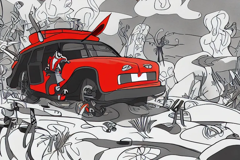 Image similar to samurai jack driving a clown car, photorealistic, detailed and intricate environment