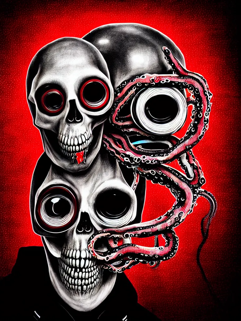 Prompt: a self portrait photograph by the artist kelbv, in distinct hyper detailed style with tubes coming from eyes, and hollowed skull filled with red and green gingham ellipsoids, perfect studio lighting against a backdrop of a still from the movie squid asthma.